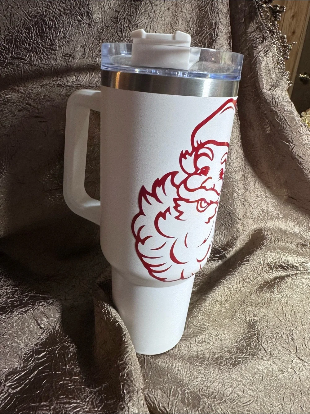 White Tumbler with Red Santa Graphic
